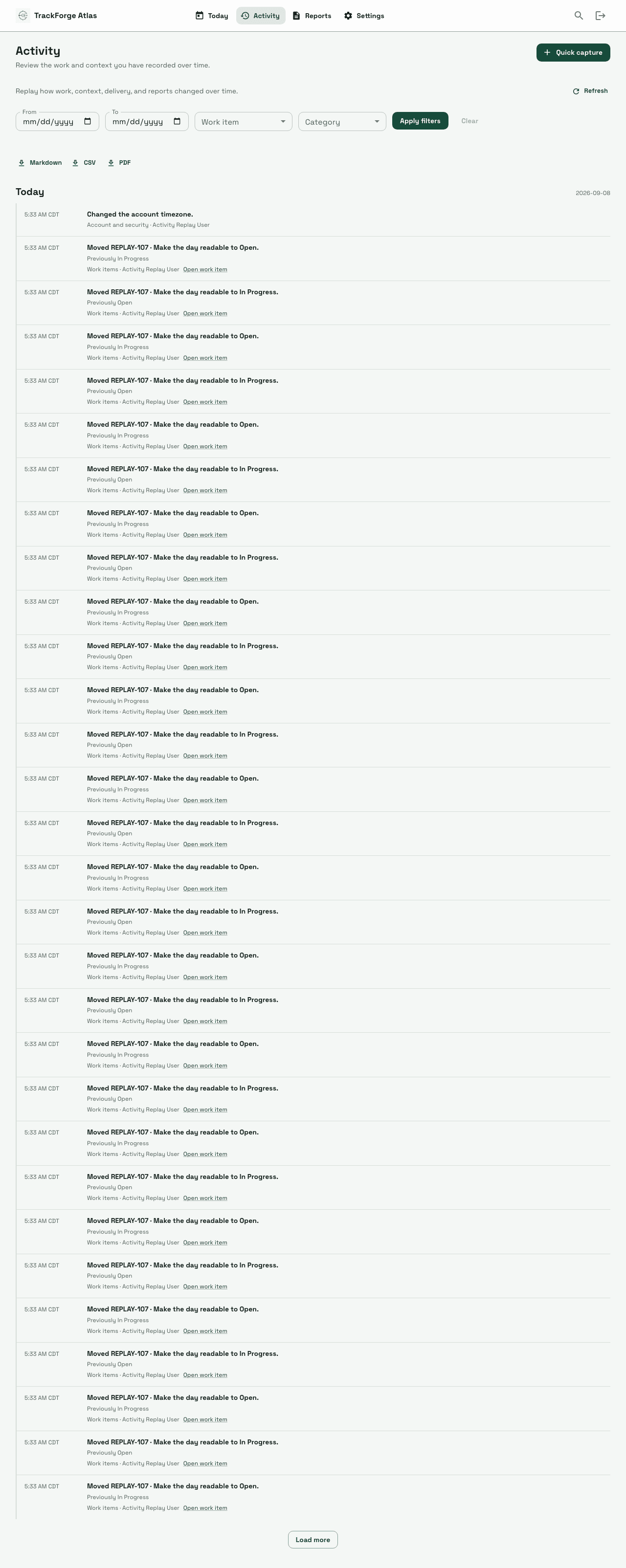 Synthetic TrackForge Atlas test workspace showing the Activity timeline