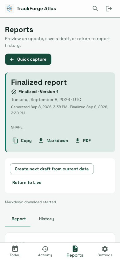 Synthetic TrackForge Atlas test workspace showing a finalized mobile report